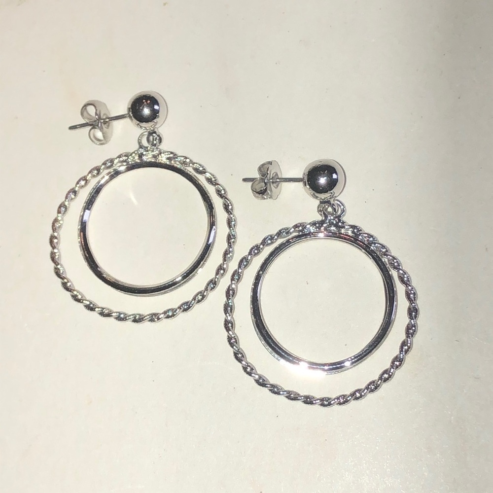Silver Tone Double-Hoop Drop Earrings - Circle Design